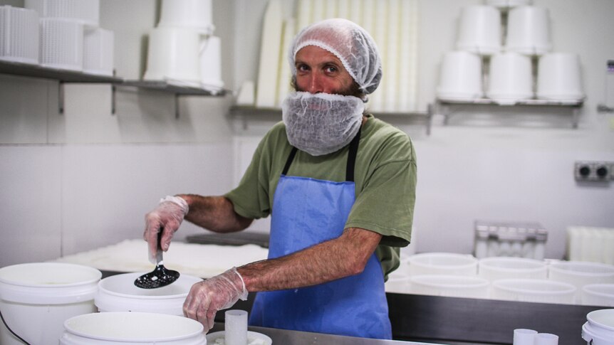 Christophe Prodanu in the cheese room at Sutton Grange Organic Farm where he spent three months making organic goats cheese.