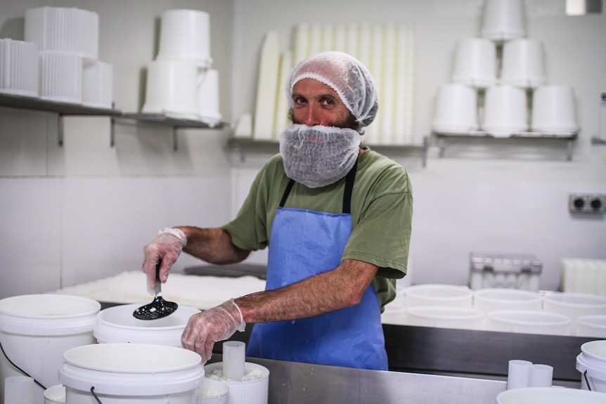 Christophe Prodanu in the cheese room at Sutton Grange Organic Farm where he spent three months making organic goats cheese.