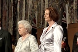 Queen Elizabeth II is accompanied by Prime Minister Julia Gillard during a Parliamentary Reception at Parliament House.