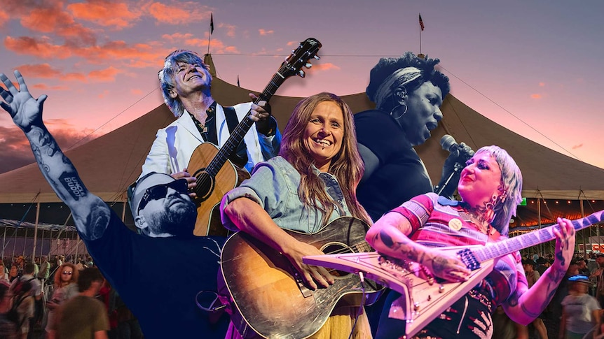 A collage of Briggs, Neil Finn, Kasey Chambers, Nai Palm and Tanya Blount pasted over a photo of a crowd on the Bluesfest site