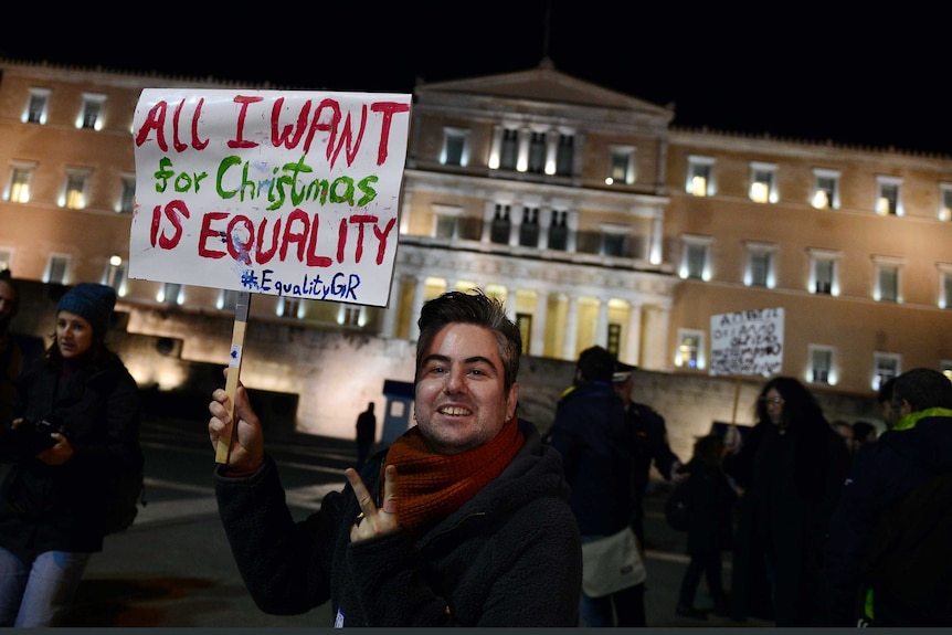Same-sex marriage protestors outside Greek parliament in Athens