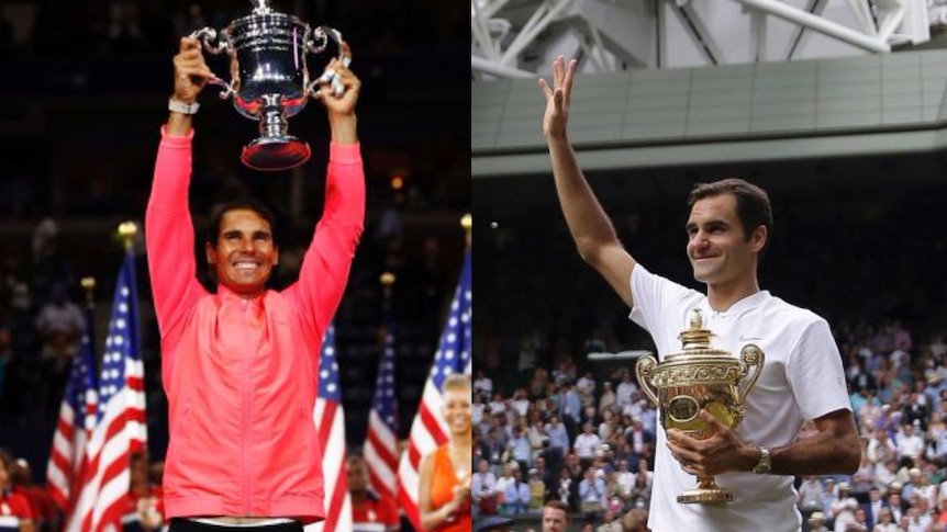 Composite image of Rafael Nadal winning the US Open and Roger Federer winning Wimbledon.