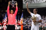 Composite image of Rafael Nadal winning the US Open and Roger Federer winning Wimbledon.