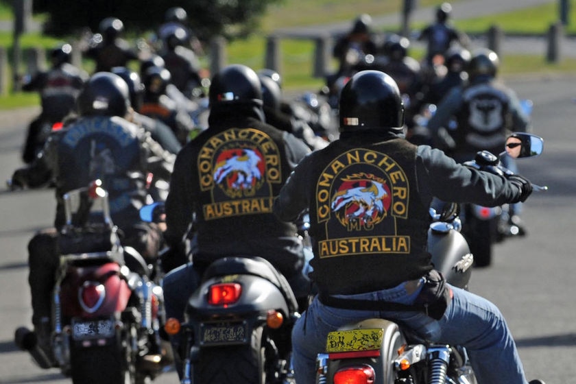 a group of bikies on motorcycles wearing clothing that show gang signs