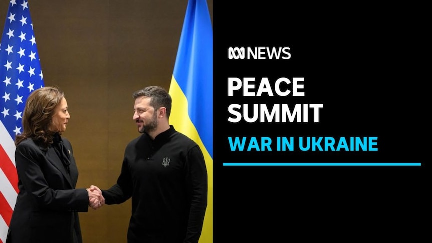 Peace Summit, War in Ukraine: Volodymyr Zelenskyy shakes hands with US Vice President Kamala Harris.