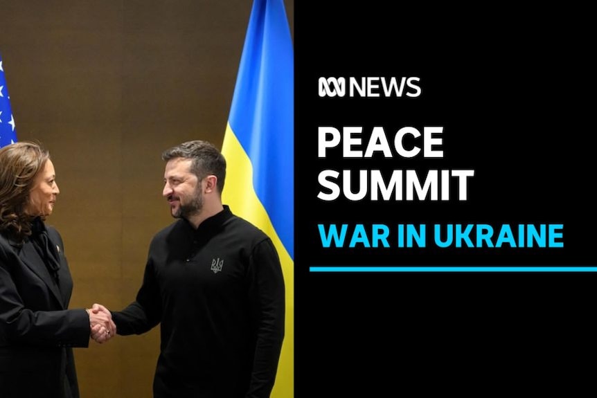 Peace Summit, War in Ukraine: Volodymyr Zelenskyy shakes hands with US Vice President Kamala Harris.