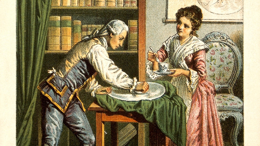 A lithograph of William Herschel polishing a telescope element, and Caroline Herschel adds lubricant.