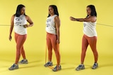 An image shows a woman doing three different exercises with a rubber band.