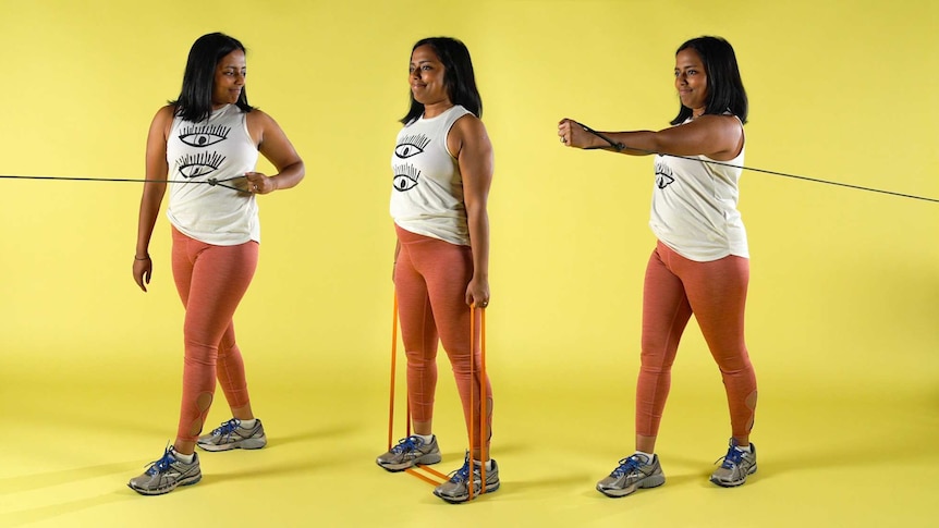 An image shows a woman doing three different exercises with a rubber band.