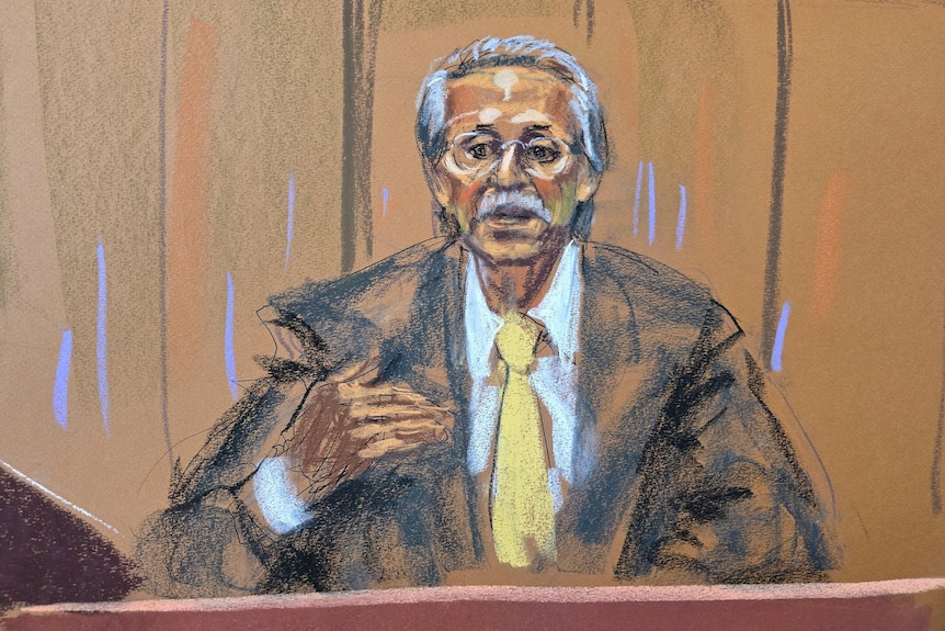 A sketch of a man with grey hair and a moustache, wearing a suit and yellow tie, sitting in court.
