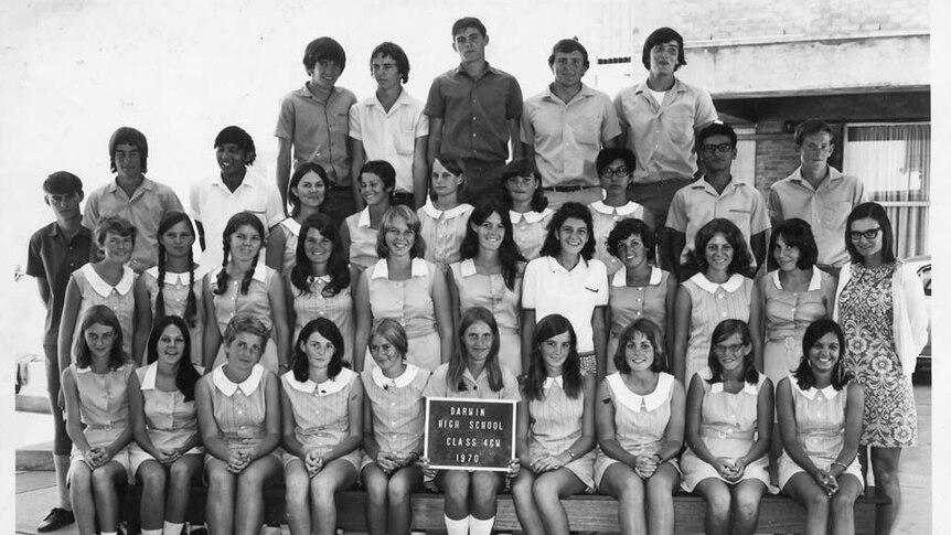 A black and white school class photo from Darwin in 1970.