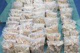 Dozens of bags of precursor chemicals that could be used to produce MDMA sit on the floor of a room.