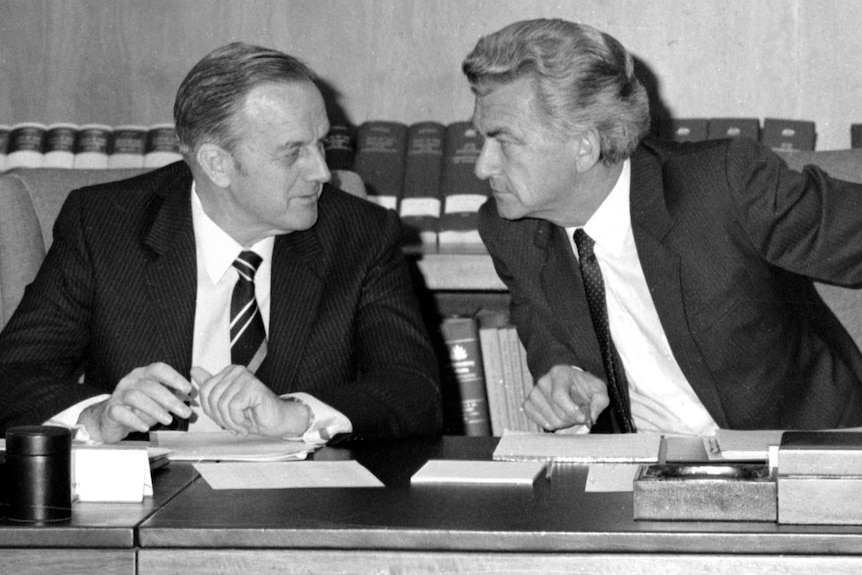 Lionel Bowen (left) and Bob Hawke both made jokes on that memorable night.