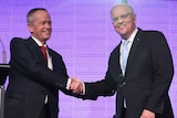 Scott Morrison and Bill Shorten shake hands ahead of the final leaders' debate.