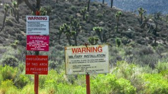 Warning signs outside Area 51 in the Nevada desert in the United States.