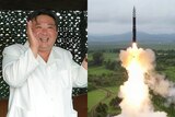 composite of kim jong un clapping and smiling and a missile launching into the sky 