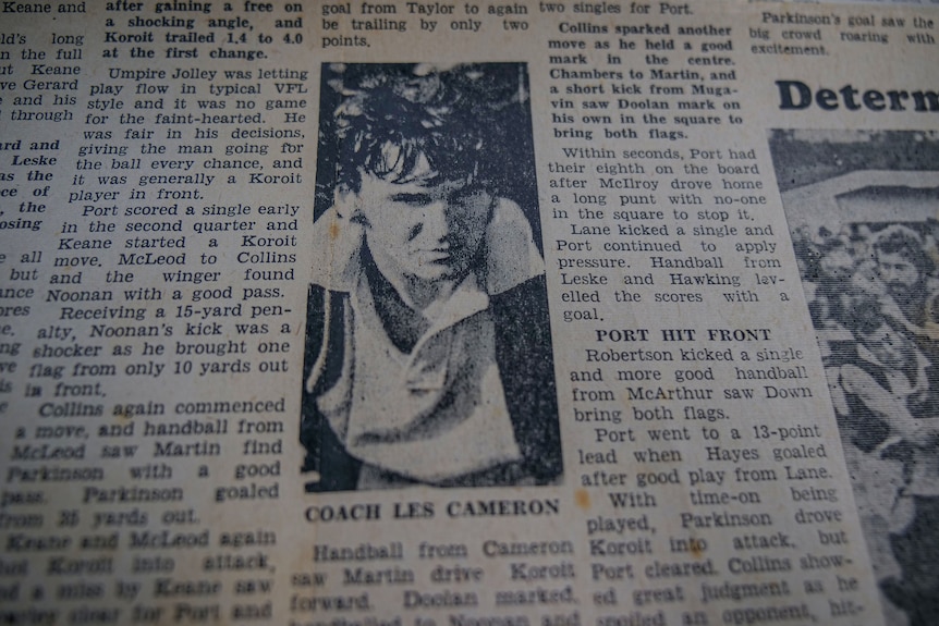 A black and white photo of Les Cameron form his playing days 