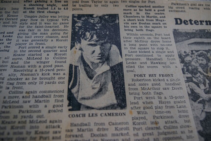 A black and white photo of Les Cameron form his playing days 