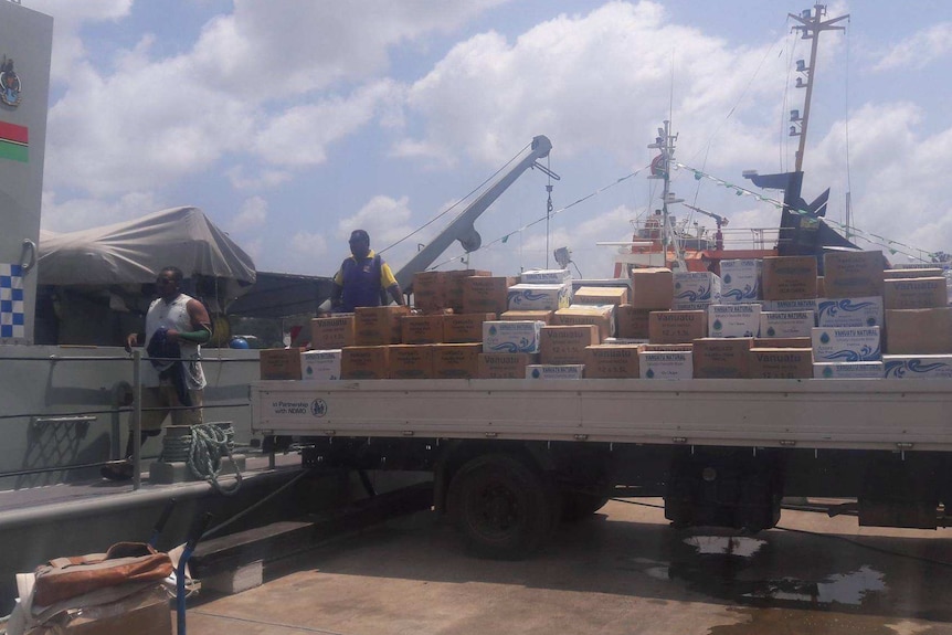 Emergency supplies are gathered in Vanuatu.