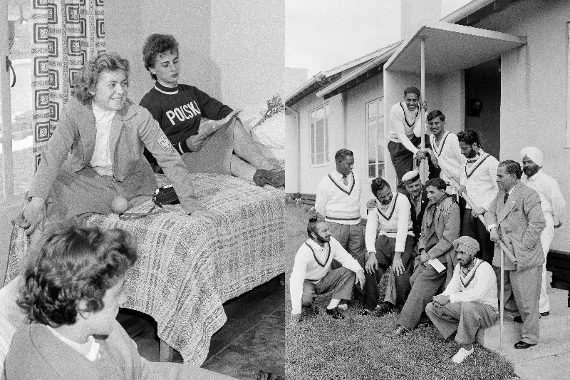 Composite of two archival images showing athletes indoors and outside a housing unit.