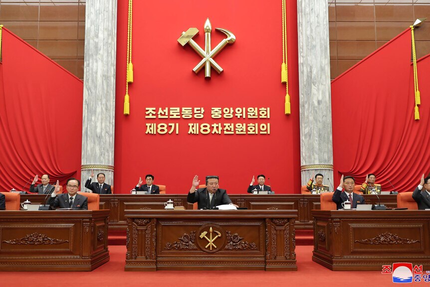 Officials sit at desk in a red room and raise their hands