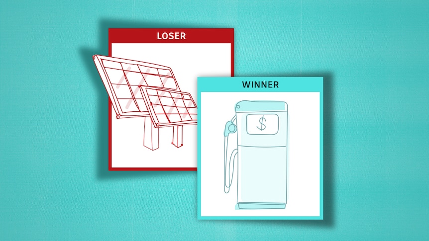 Green background with two cards saying Winner and Loser with petrol bowser and solar panels. 