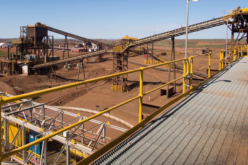 The iron ore processing facility at Iron Bridge, with long conveyor belts across the facility.