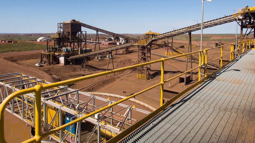 The iron ore processing facility at Iron Bridge, with long conveyor belts across the facility.