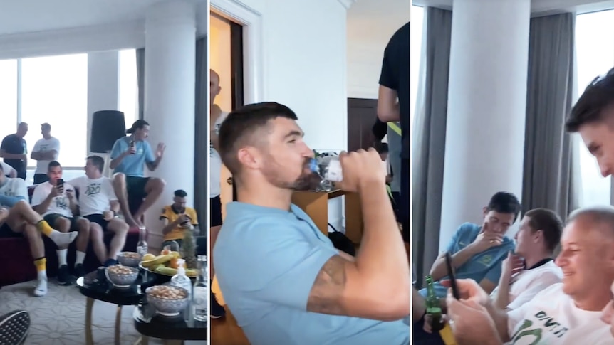 A montage of three images showing the Socceroos relaxing in a hotel