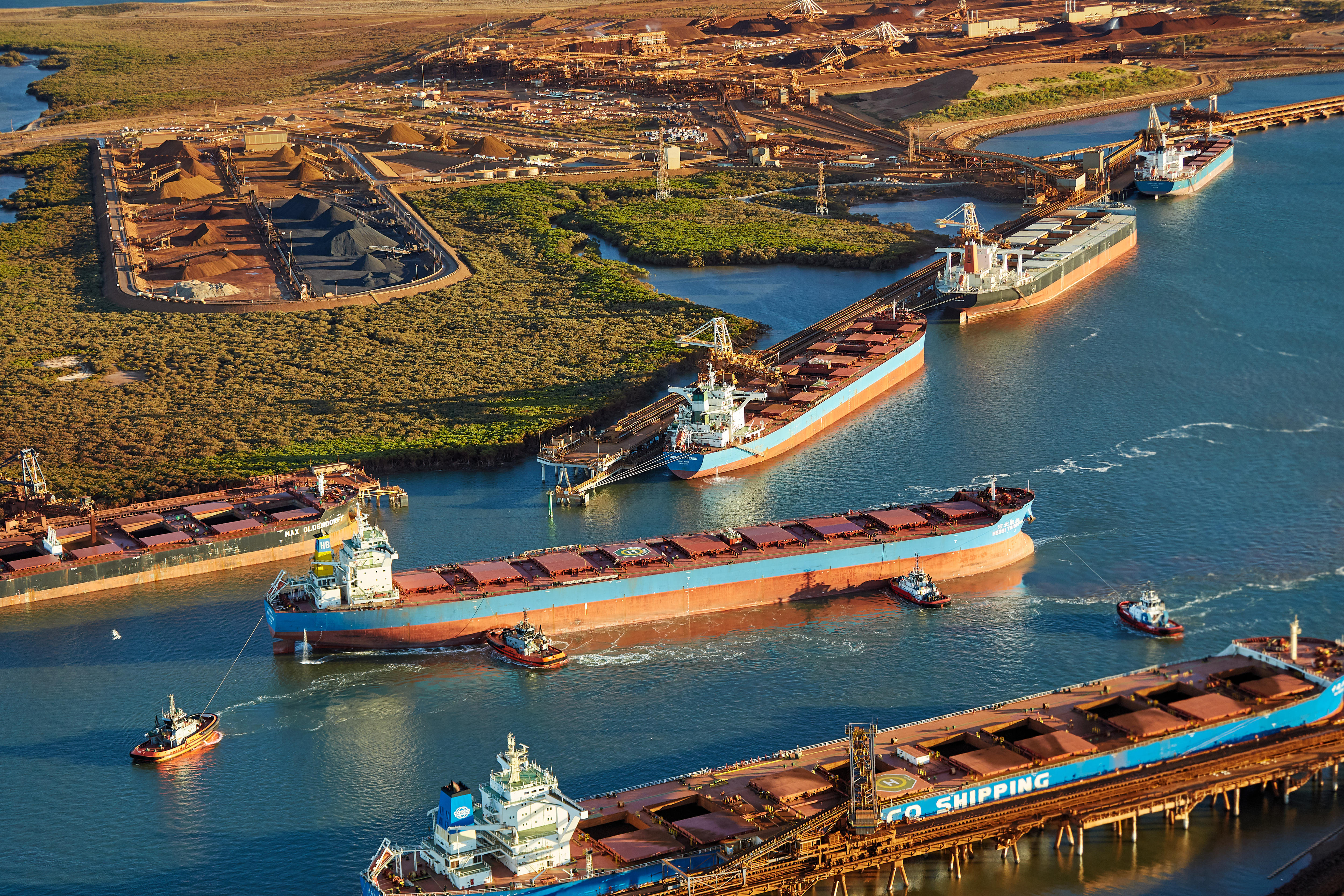 Aerial image of bulk carriers at a port
