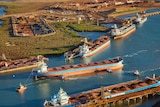 Aerial image of bulk carriers at a port