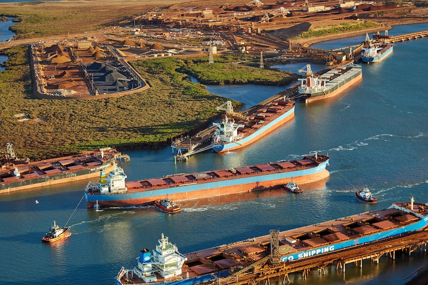 Aerial image of bulk carriers at a port