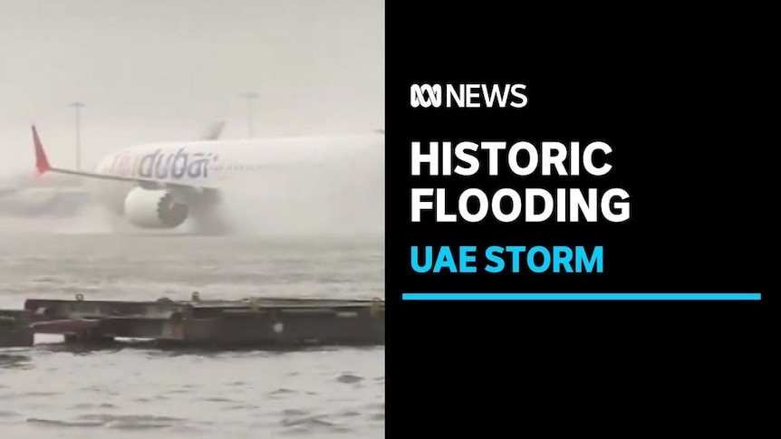 Historic Flooding, UAE Storm: A jet liner stranded in floodwater at an airport.