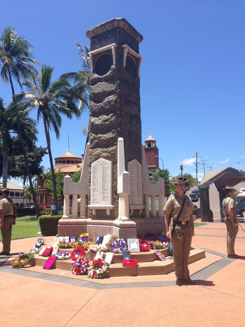 Soldiers at Townsville's cenotaph on Remembrance Day on November 11, 2014