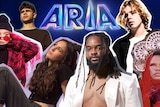 A collage of 2021 ARIA Awards nominees: Tones And I, Budjerah, Amy Shark, Genesis Owusu, The Kid LAROI, Ngaiire