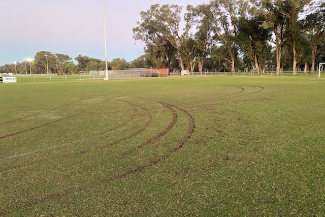 A football field with tyre marks