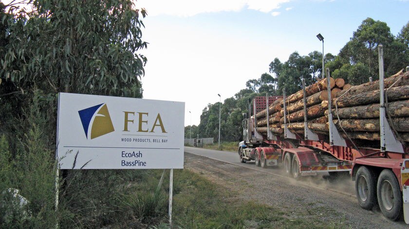 Forest Enterprises Australia sign and log truck, Bell Bay