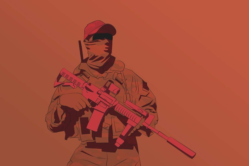 The illustration shows an SAS officer, holding a rifle, with a bandana over his face and sunglasses.