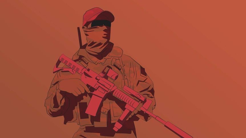 The illustration shows an SAS officer, holding a rifle, with a bandana over his face and sunglasses.