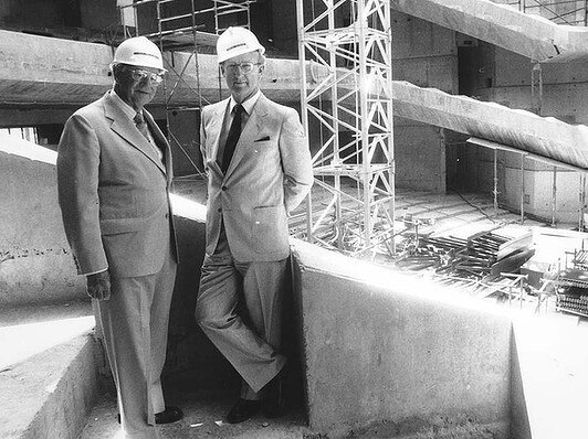 Sir David Muir and architect Robin Gibson (l to r) at the construction site of QPAC's Lyric Theatre in Brisbane in 1983.