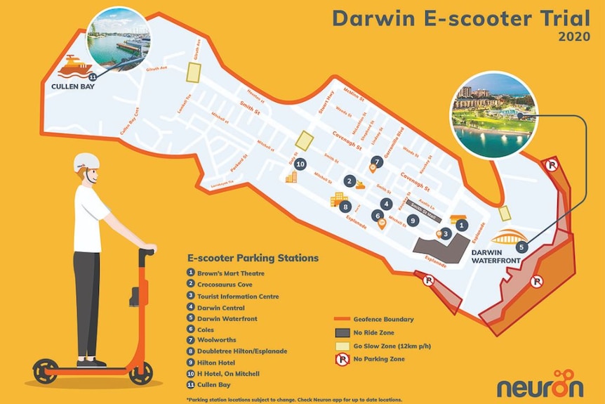A map of Darwin showing locations of e-scooters.