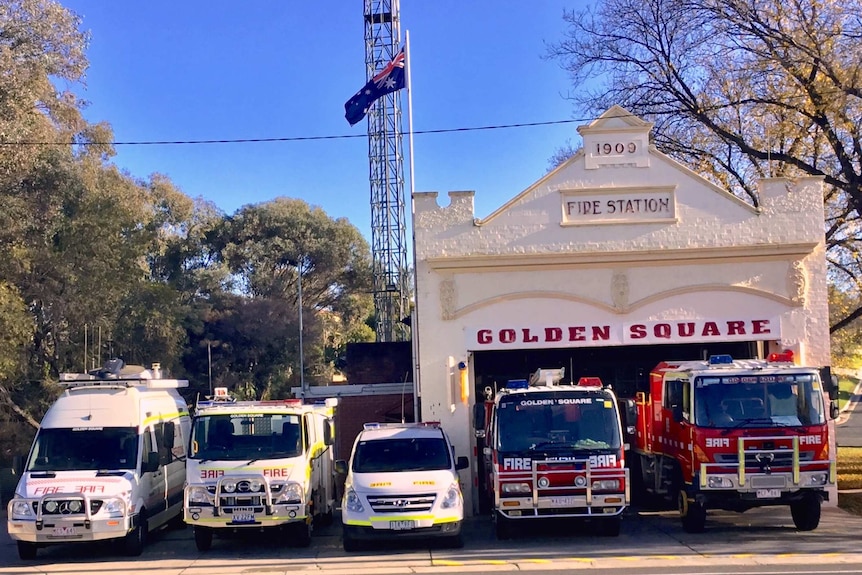 Five fire trucks parked outside Golden Square Fire Station in Bendigo.