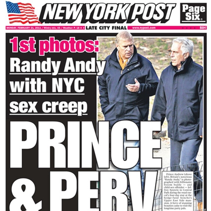 Prince Andrew and Jeffrey Epstein pictured on the front page of the New York post.