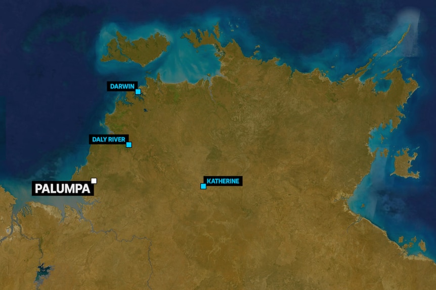 A satellite map of the Northern Territory showing Palumpa's position on the map.