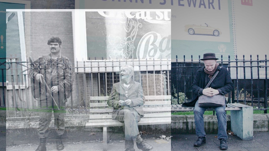 Sean Hillen sitting on the same bench that he photographed when there was widespread conflict in Northern Ireland.