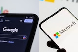 A composite image of a mobile phone displaying the Google Search homepage and a mobile phone displaying the Microsoft logo