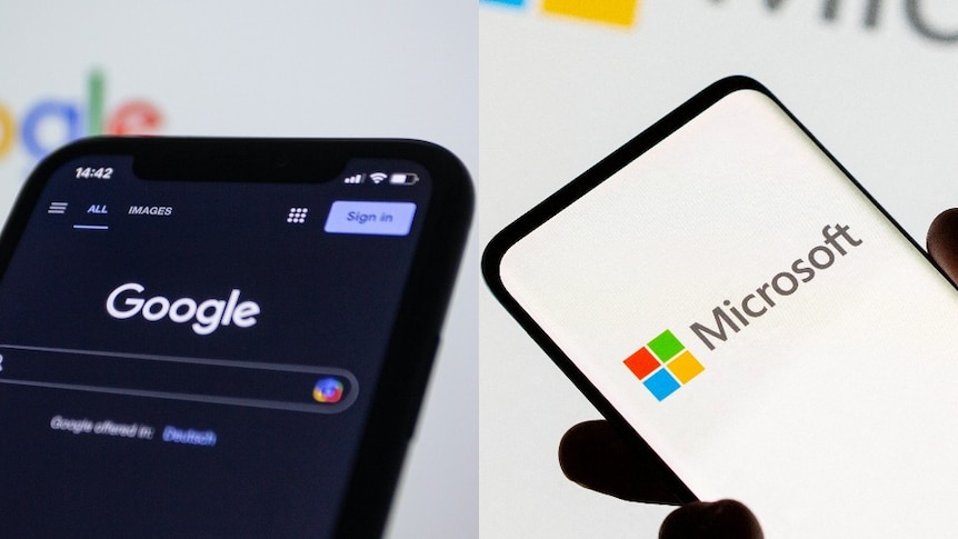 显示 Google 搜索主页的手机和显示 Microsoft 徽标的手机的合成图像