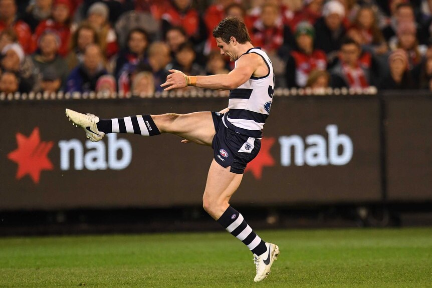 Patrick Dangerfield of the Cats is seen in action against Sydney at the MCG.