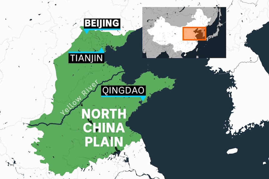 You view a part of north-east China shaded in green, with Beijing, Tianjin, and Qingdao listed.