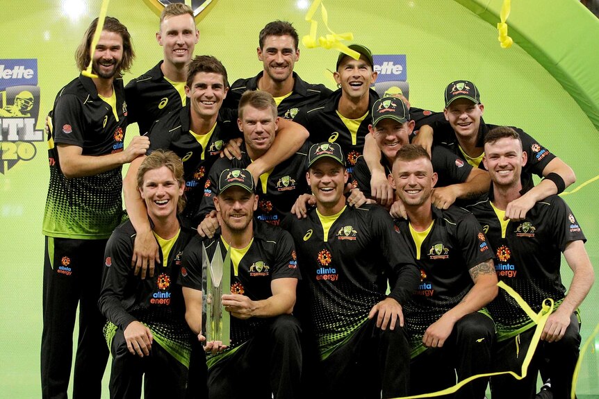 Australia celebrates winning the T20 International Cricket match between Australia and Pakistan